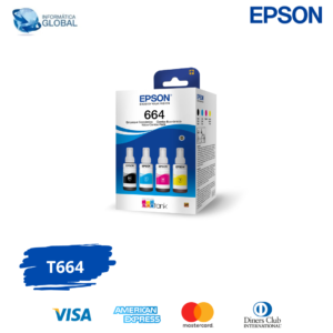 JUEGO 4 COLORES DE BOTELLAS DE TINTA EPSON ECOTANK T664 REND. 70ML / 6500 PÁGINAS