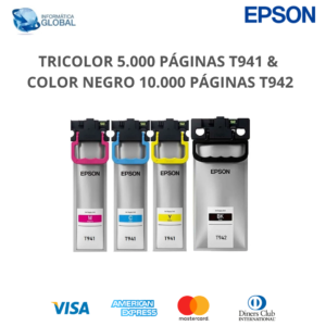 JUEGO 4 COLORES DE BOLSAS DE TINTA EPSON DURABRITE ULTRA T941 / 5000 PÁG. & T942 / 10000 PÁG.