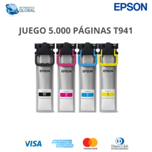 JUEGO 4 COLORES DE BOLSAS DE TINTA EPSON DURABRITE ULTRA T941 RENDIMIENTO 5000 PÁGINAS